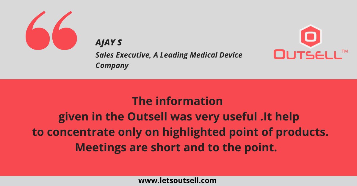 LetsOutsell's tweet photo. Check out what Mr. Ajay S, Sales Executive of a leading Medical Device Company has to say about Outsell:

#salescontent #salesenablement #salesperformance #salesteam #answerissales  #productknowledge  #salestraining https://t.co/Q8JLrgBeq8