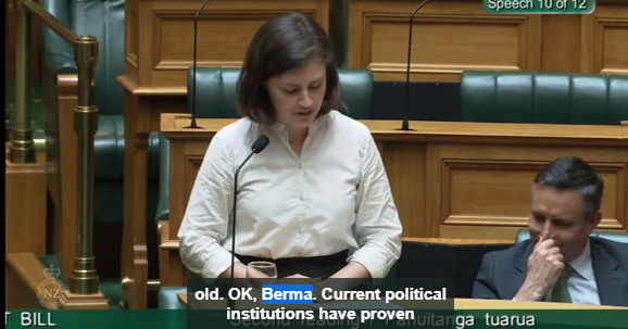 Jasonwalls92's tweet image. Green MP @_chloeswarbrick was heckled by a National MP during her speech on the Zero Carbon Bill.

She fired back with "okay boomer" but the captions on Parliament TV clearly have not yet got the memo on millennial slang: