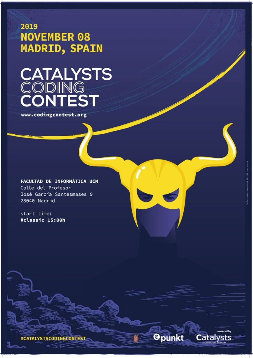 DelegacionFDI's tweet image. El próximo 8 de noviembre vuelve a @informaticaucm el concurso de programación de Catalysts @coding_contest.
Tendrá lugar a las 15:00 en el laboratorio 4.
¡Regístrate ya con tu equipo (entre 1 y 3 personas)!
register.codingcontest.org/listing/61-201…