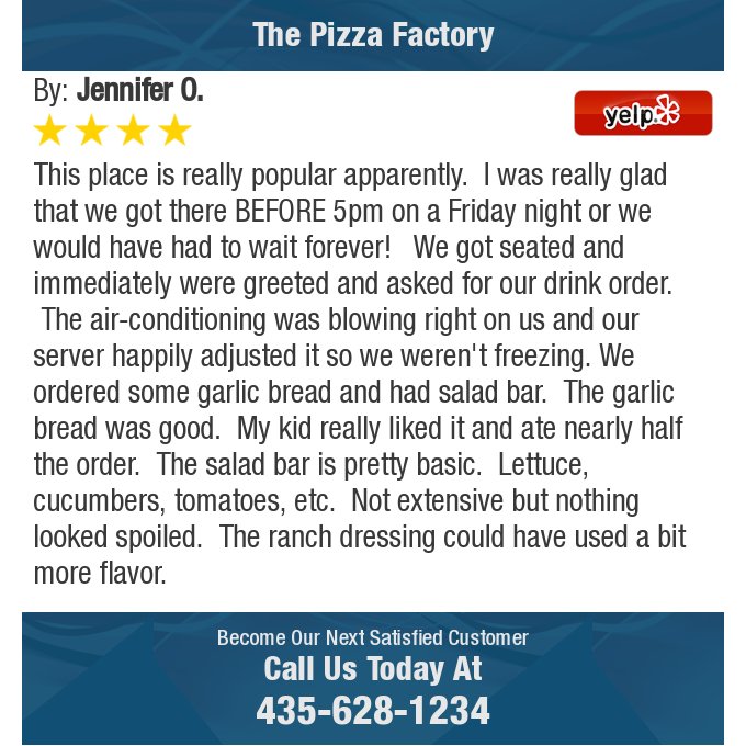pizzafactorysg's tweet photo. 4 Star: Jennifer O. "This place is really popular apparently.  I was really glad that we got there BEFORE 5pm..." https://t.co/K3Ny9lTJmd https://t.co/0O161A6ckb