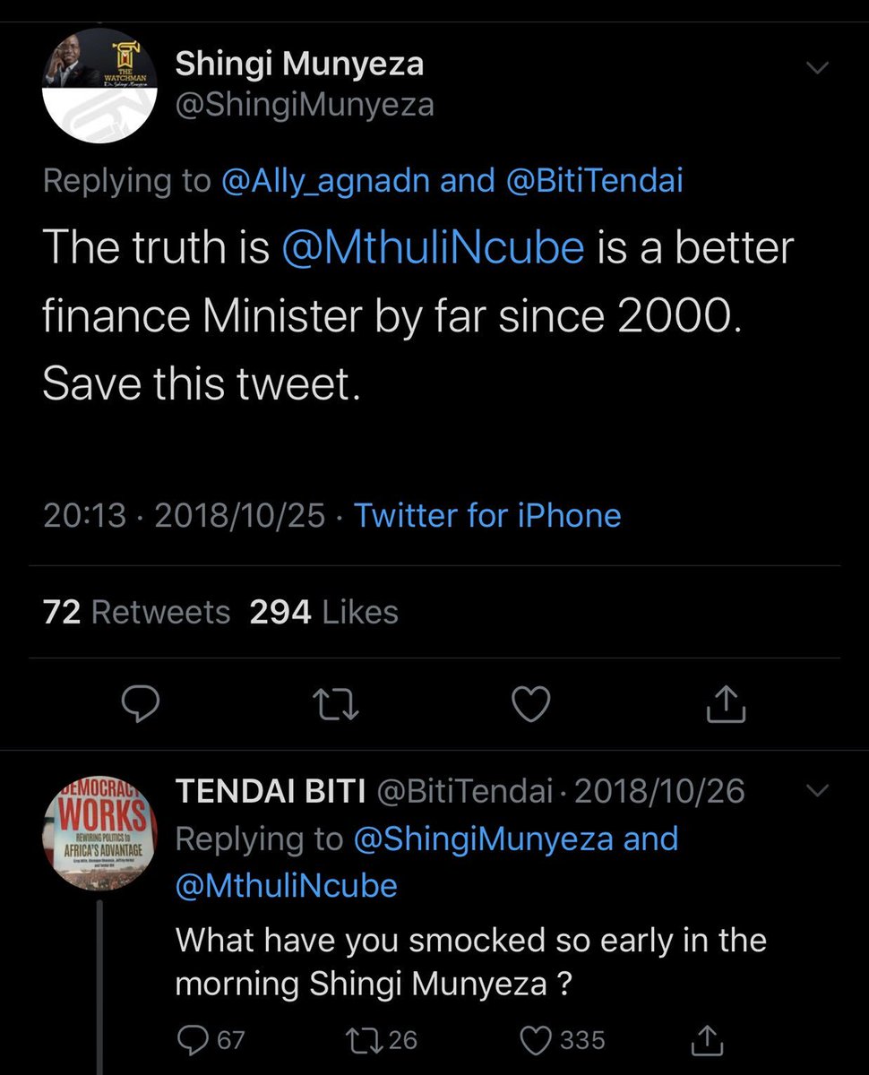 MakomboreroH's tweet photo. Dear @ShingiMunyeza:

Do you still hold the views that "@MthuliNcube is a better finance by far since 2000?"

We save the attached tweet as per your request.

@BitiTendai @advocatemahere https://t.co/clM76teB6W