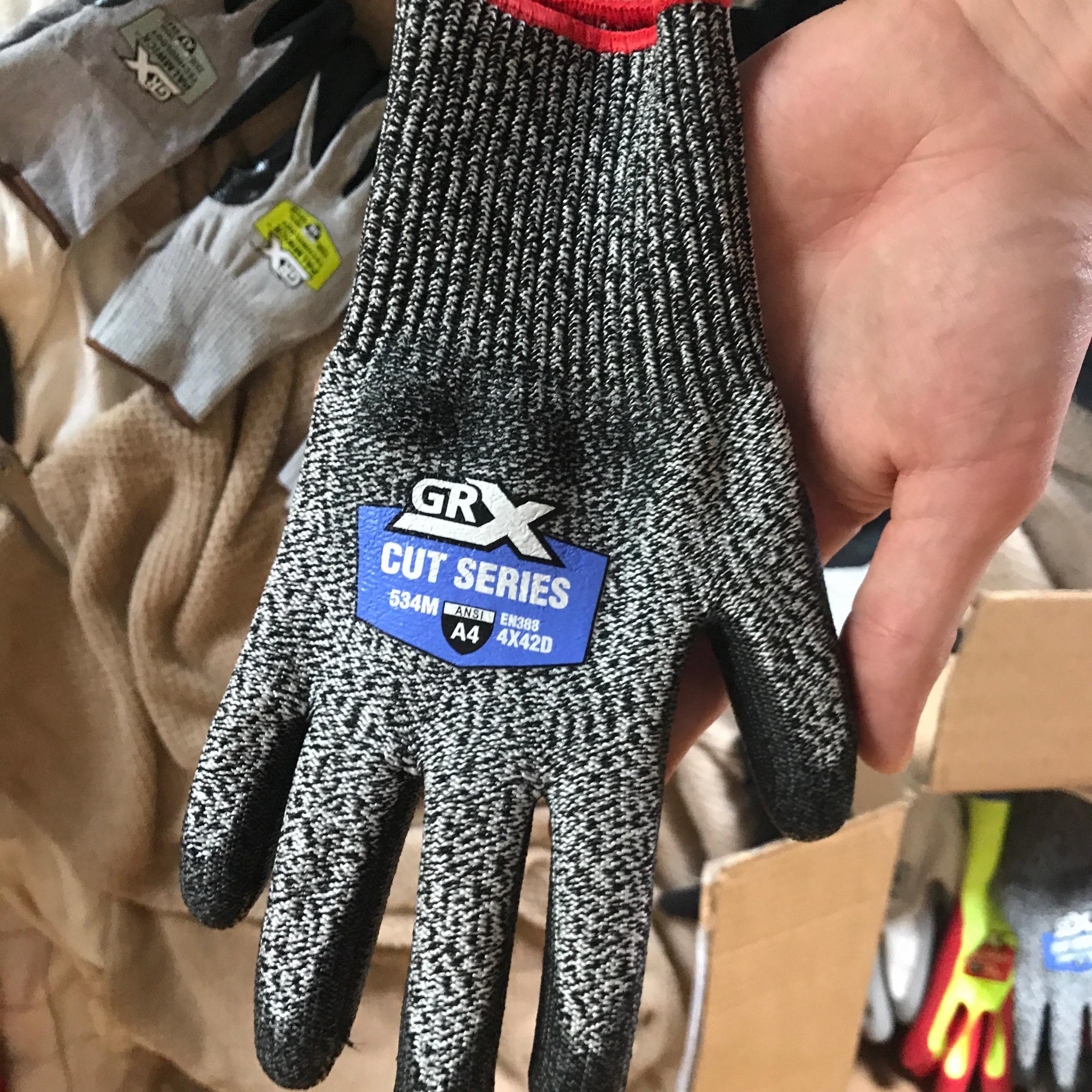 GRX Gloves on X: Nothing like that new glove smell! Fresh out of the box,  say hello to our 534 Cut Series featuring an ANSI cut level rating of A4.  #grxgloves #workgloves #jobsite #builderslife #comfort #fit #performance  #cutresistant #ansi #grxcutseries