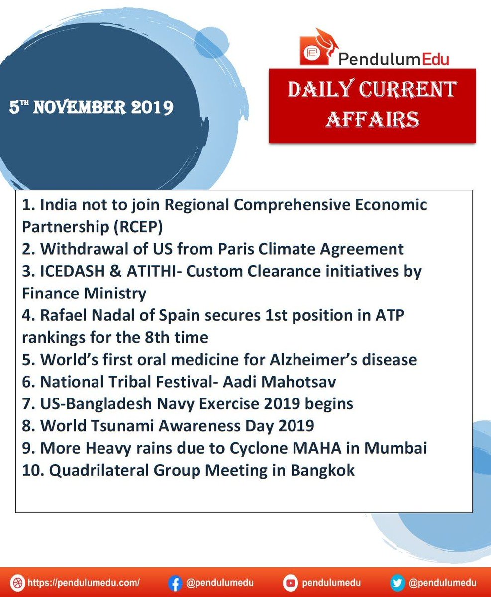 pendulumedu's tweet photo. Daily Current Affairs - 05 November 2019
Read in detail Here - https://t.co/JiGUORBPhr
#currentaffairs #RCEP #Parisclimateagreement #ICEDASH #ATITHI #RAFAELNADAL #Alzheimer #adimahostav #naviexercise2019 #worldtsunamiawarenessday #cyclonmaha #quadrilateralgroup https://t.co/AoQ0JkH8FN