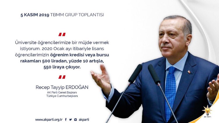 Ögrenciler müjde !!!

Genel Başkanımız ve Cumhurbaşkanımız Sayın <a href="/RTErdogan/">Recep Tayyip Erdoğan</a>’ın Grup Toplantımızda verdiği müjde ile, yeni öğrenim kredisi miktarı 550 TL 'ye çıkıyor.

Hayırlı ve uğurlu olsun diyerek, hepinize başarılar diliyorum.

#AkParti
#YaparsaAkPartiYapar