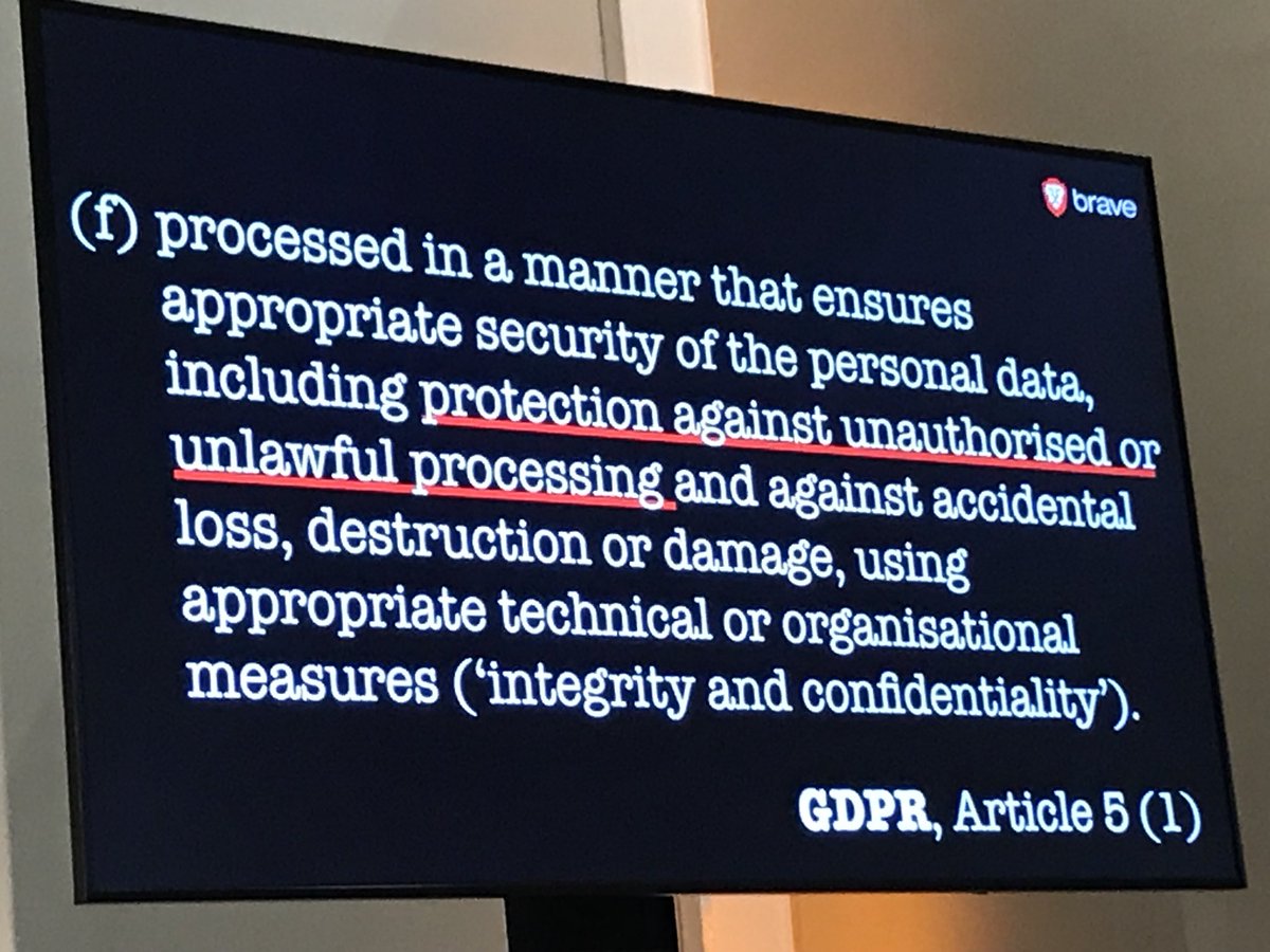EUstaran's tweet photo. Forget the debate about consent, legitimate interests and all that jazz... The essential point by @johnnyryan about #RTB is that it amounts to a breach of Article 5(1)(f) #GDPR. Basically a data security breach. @ArthurCoxLaw #DPLF19 https://t.co/4cCDWGv0f3