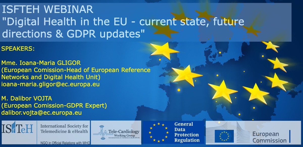 [WEBINAR] #DigitalHealth in the #EU - current state, future directions and #GDPR updates! Thursday, November 7, 7:00pm CET. Registration via anymeeting.com/PIID=EE51DC838…. With presentations from <a href="/isfteh_wgcardio/">WG cardio</a> <a href="/EU_Commission/">European Commission</a> <a href="/EU_Health/">EU One Health</a> <a href="/eHealth_EU/">eHealth_EU</a>. #eHealth #telemedicine #telehealth