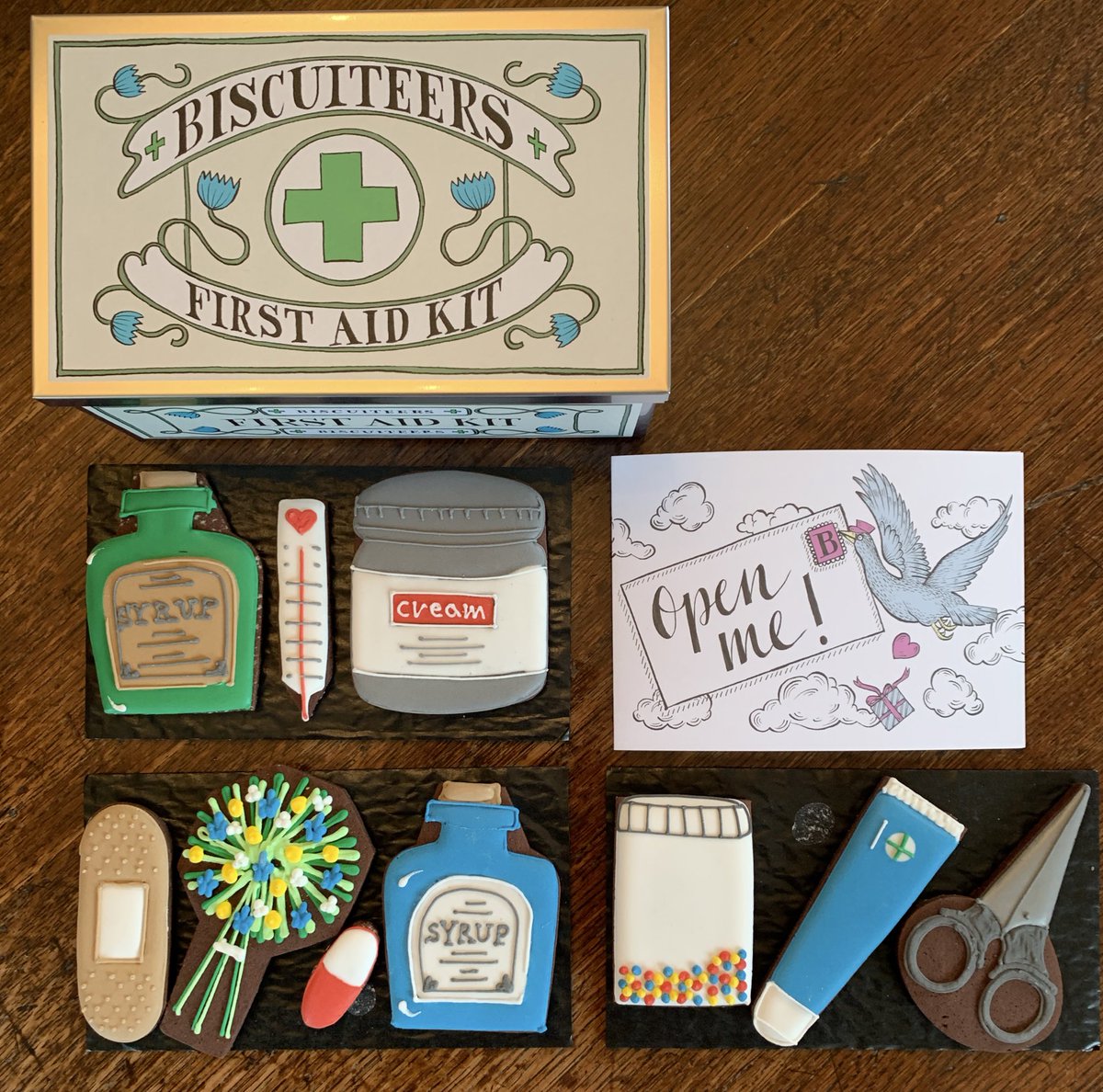 Drummond91's tweet photo. Not just any old first aid kit from work. Biscuits are 100% effective at speeding up recovery. @Dyson @BiscuiteersLtd #InsideDyson #flatlay https://t.co/uiqAScxHEJ