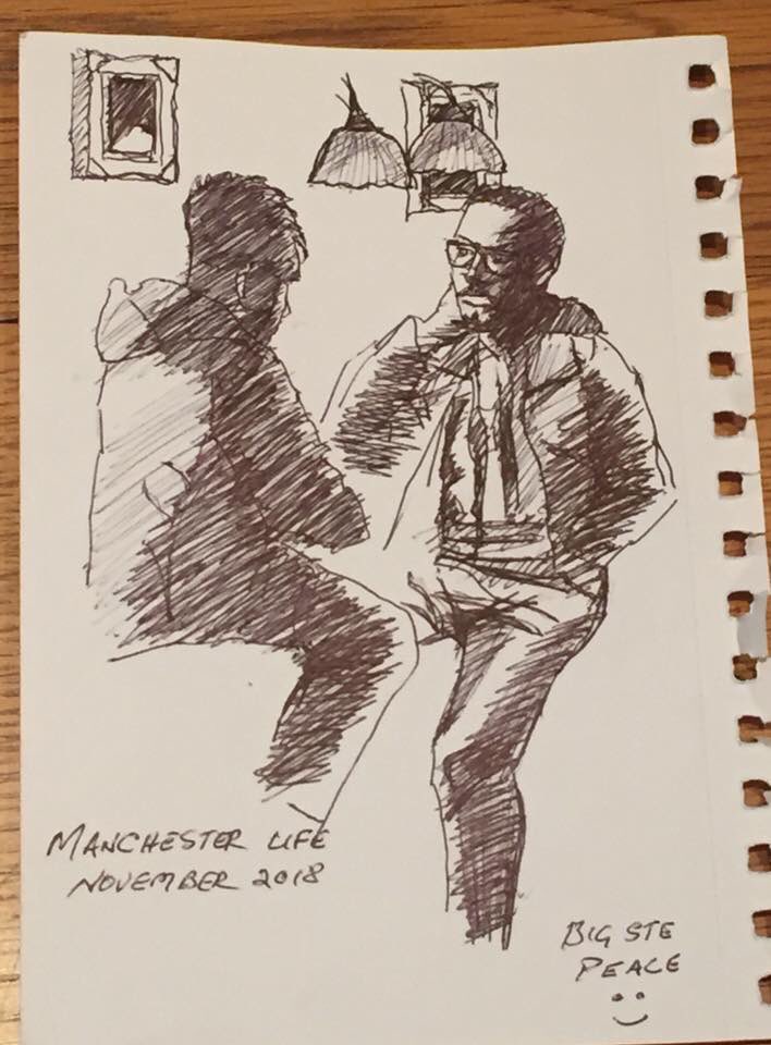 np_jennings's tweet photo. On this day last year me & my father were sketched chatting at the famous Sinclair’s Oyster Bar in Manchester by ‘Big Ste’ #ManchesterLife #BigSte #Sketch #localartist #drawing https://t.co/xWt0KkDhwK