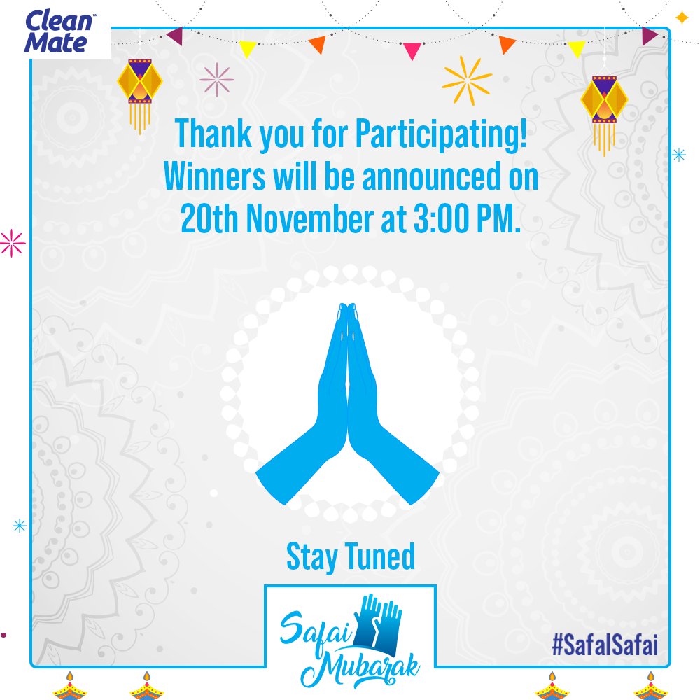 _CleanMate's tweet photo. Thankyou all for participating In the #Safai Mubarak Contest . All entries have been closed from now on. We will be announcing the lucky winner on 20th November at 3:00 PM. So stay tuned . You might be the lucky winner. #cleanmate #cleanhomes #safaimubarak #contest https://t.co/INdzYaVym0