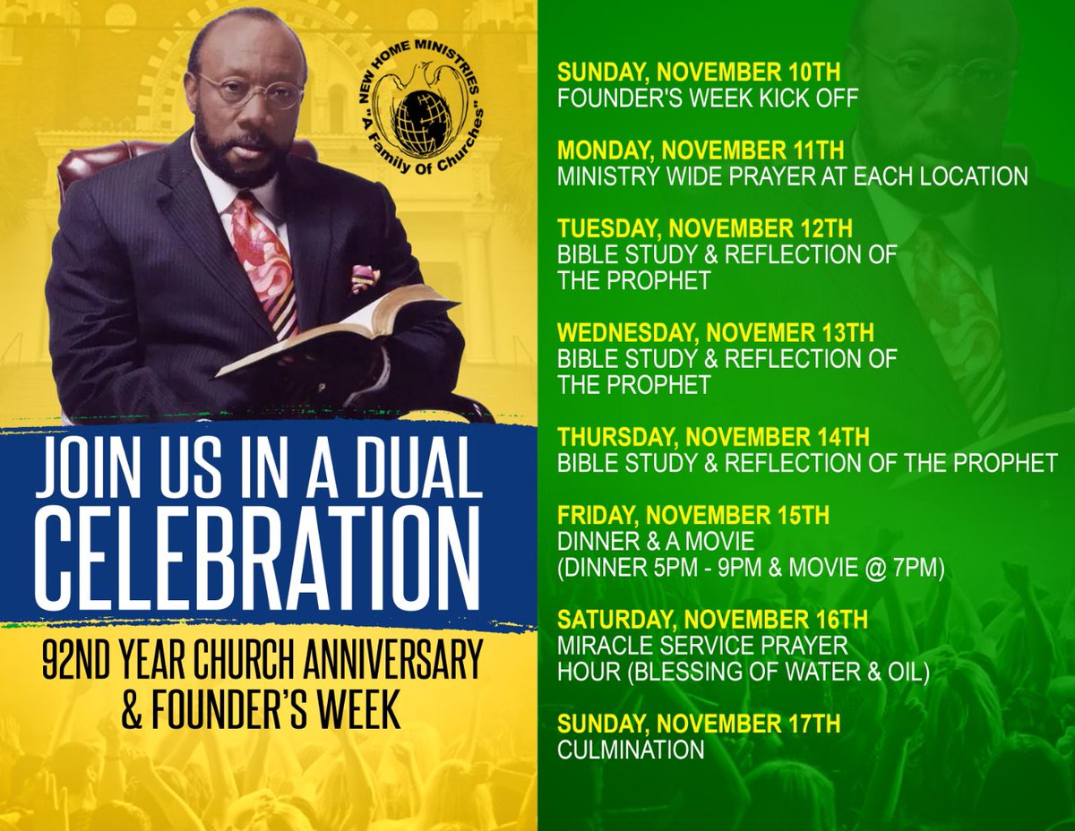 NewHomeFWC's tweet photo. Let’s get ready to celebrate our 92nd Year Church Anniversary &amp; Founder’s Week! It will kick off on this Sunday, Nov. 10th - Sunday, Nov. 17th.
Be our guest and join us all week!!!

#nhfwc #newhomefamilyworshipcenter  #newhomeministries #foundersweek #92years  #newhometothebone https://t.co/fp7RExdNpS