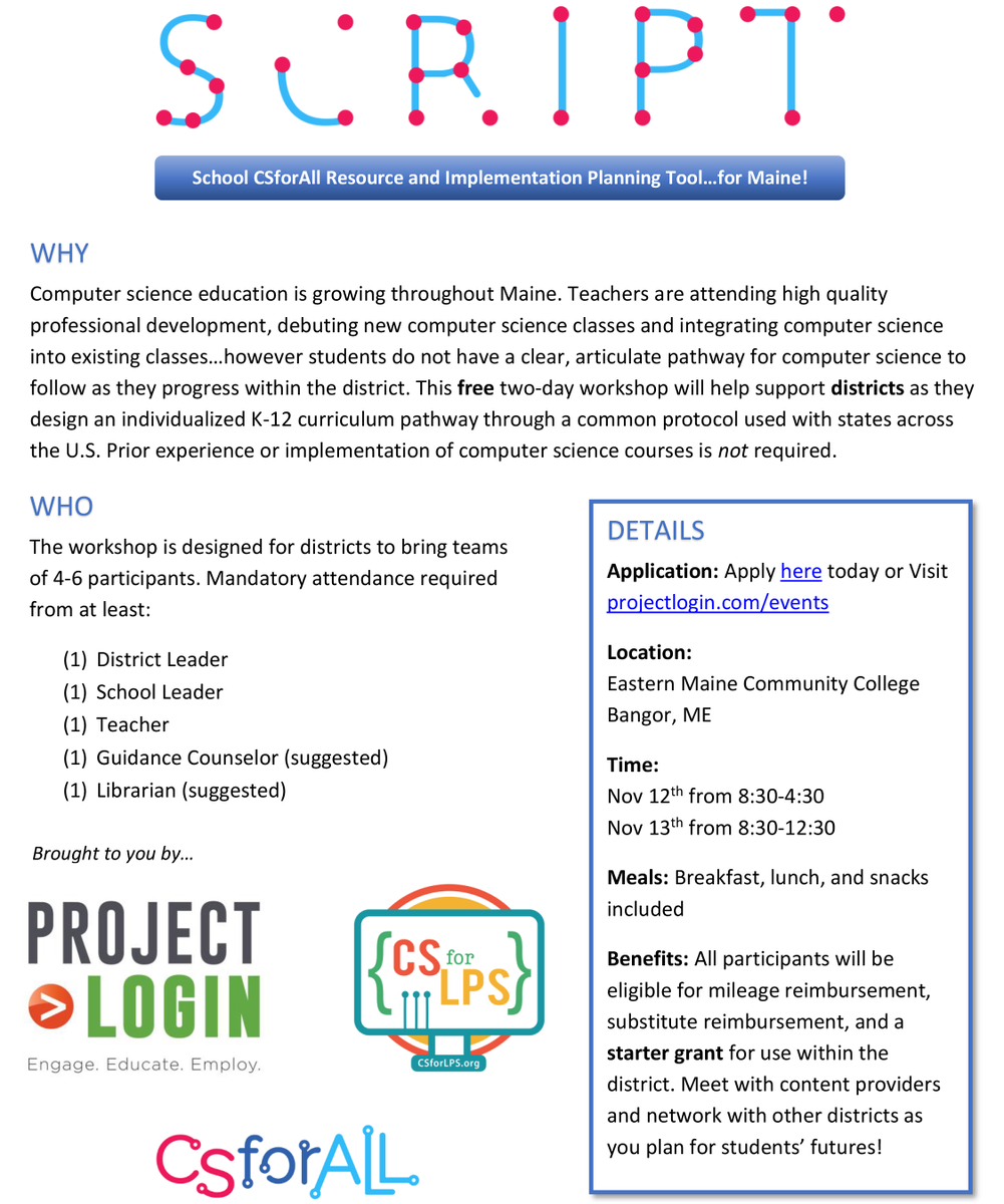 CSforLPS's tweet image. Next week all sorts of good #CSed events happening in Maine!
11.12-11.13 #CSforALL SCRIPT Workshop in Bangor
11.13 Family Code/STEAM Night @Farwellschool 
11.14 #CSforLPS Meeting and @CSTAMaine Meetups in Lewiston and Orono