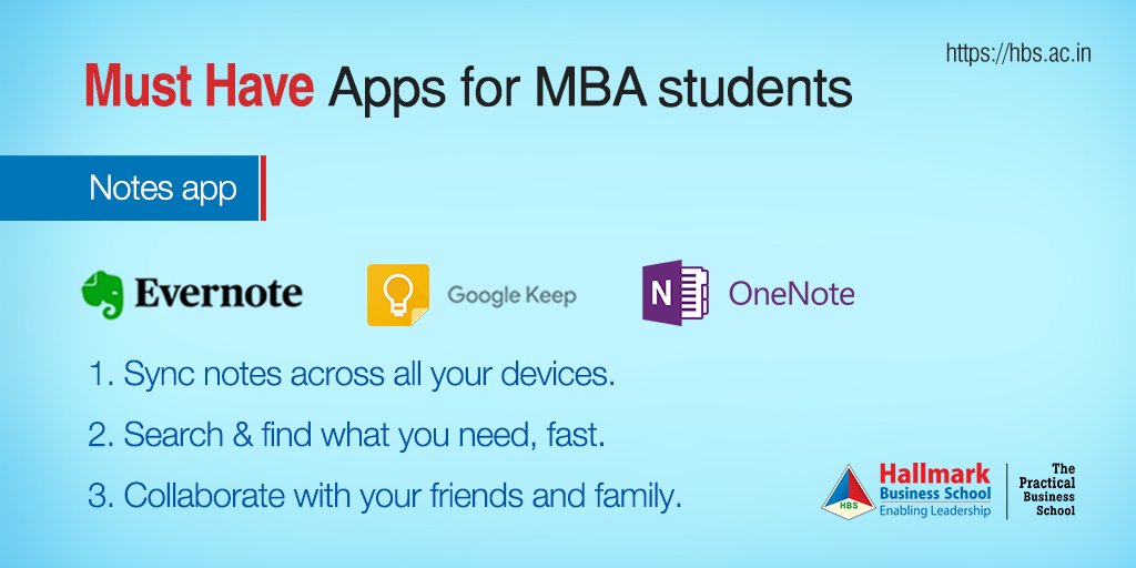 hallmark_mba's tweet photo. With plenty of new and substantially improved apps, we have curated a list of must-have apps for MBA students.
A handpicked notes app available across #Android, #iOS &amp; desktop were shortlisted based on:
- Design
- Ease of use
- Sync
- Export options
- Collaborate
- Backup
- Price https://t.co/f5I49gdG2T