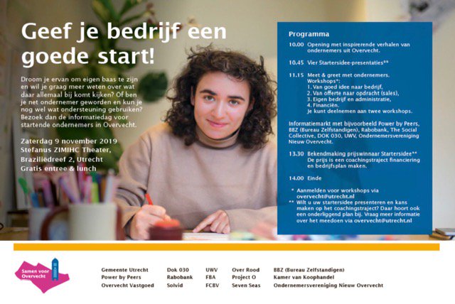Zaterdag 9 november is de gratis Startersdag voor Overvecht! Droom je ervan om eigen baas te zijn of ben je net ondernemer geworden en kun je wel wat ondersteuning gebruiken? Meld je dan aan via overvecht@utrecht.nl