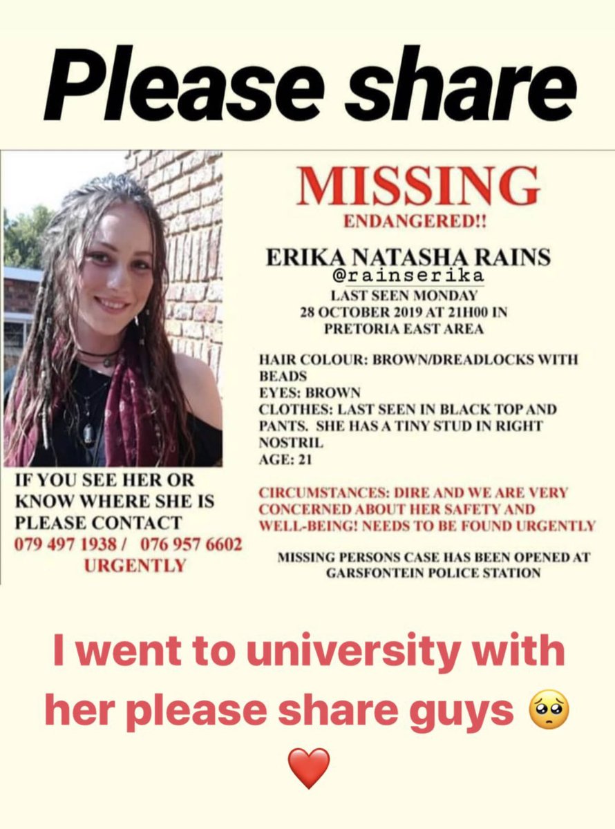 TheDesignerMeg's tweet photo. Guys Erika was a friend of mine at university- please share this- we NEED to find her, she needs to come home 🥺💔 https://t.co/6VMFzusExX