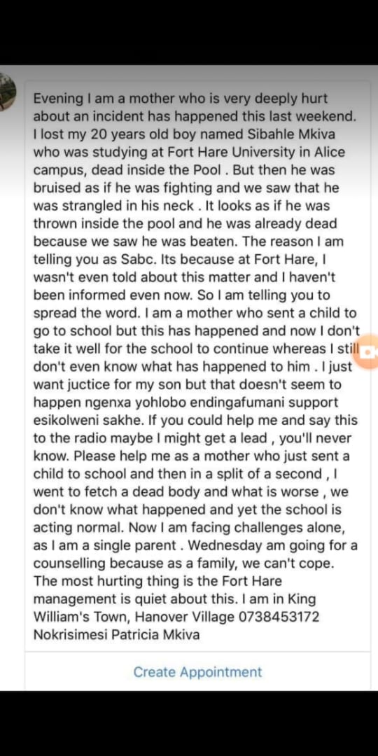 IntoKaDosini's tweet photo. This is a very painful thing for a mother, can we retweet till this reaches Minister of Higher education maybe, she can tell the UFH management to write and explain to the mother 😥😢

#UyineneMrwetyana #SenzoMeyiwa https://t.co/T1FejWYcug