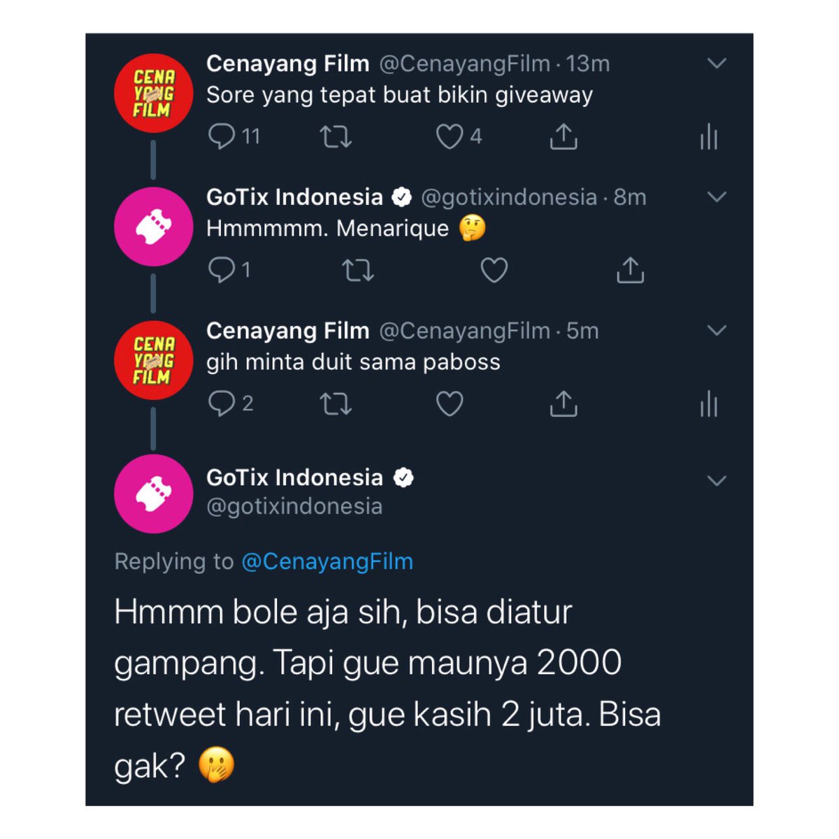 Giveaway pake syarat disponsorin si @gotixindonesia : 2 JUTA. 

2000 RETWEET langsung kita mulai. Jangan lupa follow dia. 

Ayooooo!!!!