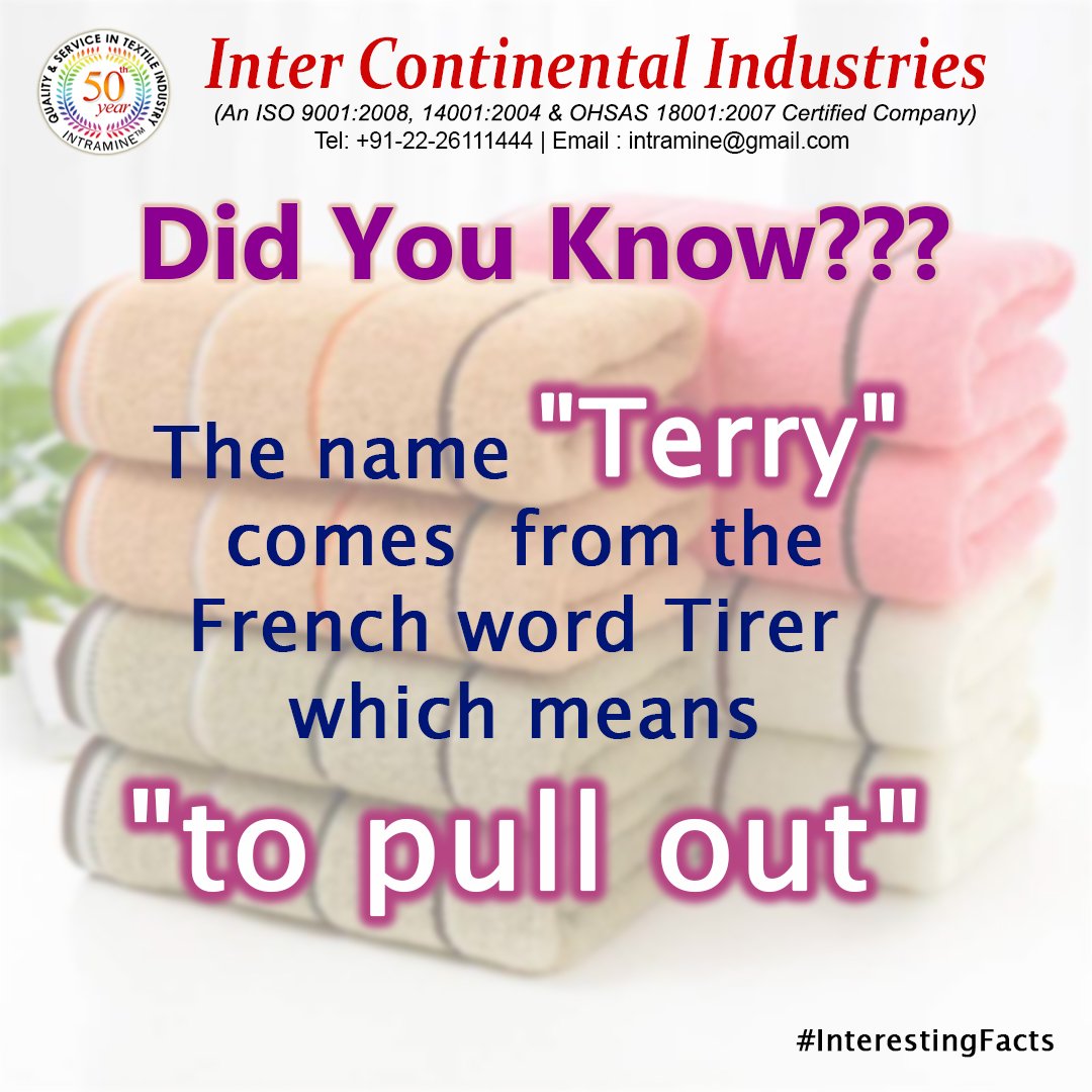 InterIndustries's tweet photo. The first industrial production of terrycloth towels was initiated by the English manufacturer Christy in 1850. Terry toweling is still known as Turk Fabric, Turkish Toweling or Turkish Terry. #terrytowel #interestingfacts #didyouknow #turkfabric #InterContinental #followas https://t.co/Grijs3sZMq