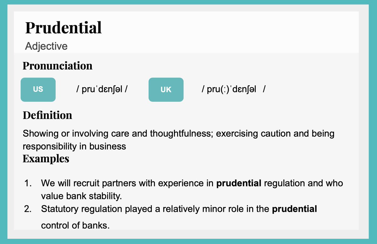 BMarketEnglish's tweet photo. 👩‍🏫 WORD OF THE WEEK: prudential (adj.) 
A serious adjective used often within banking contexts 🏦to express that sound judgment has been exercised or needs to be exercised in order to maintain stability and avoid risks. 👨‍💼👩‍💼 This word commonly appears in policy discussions https://t.co/XtThq3tm0l
