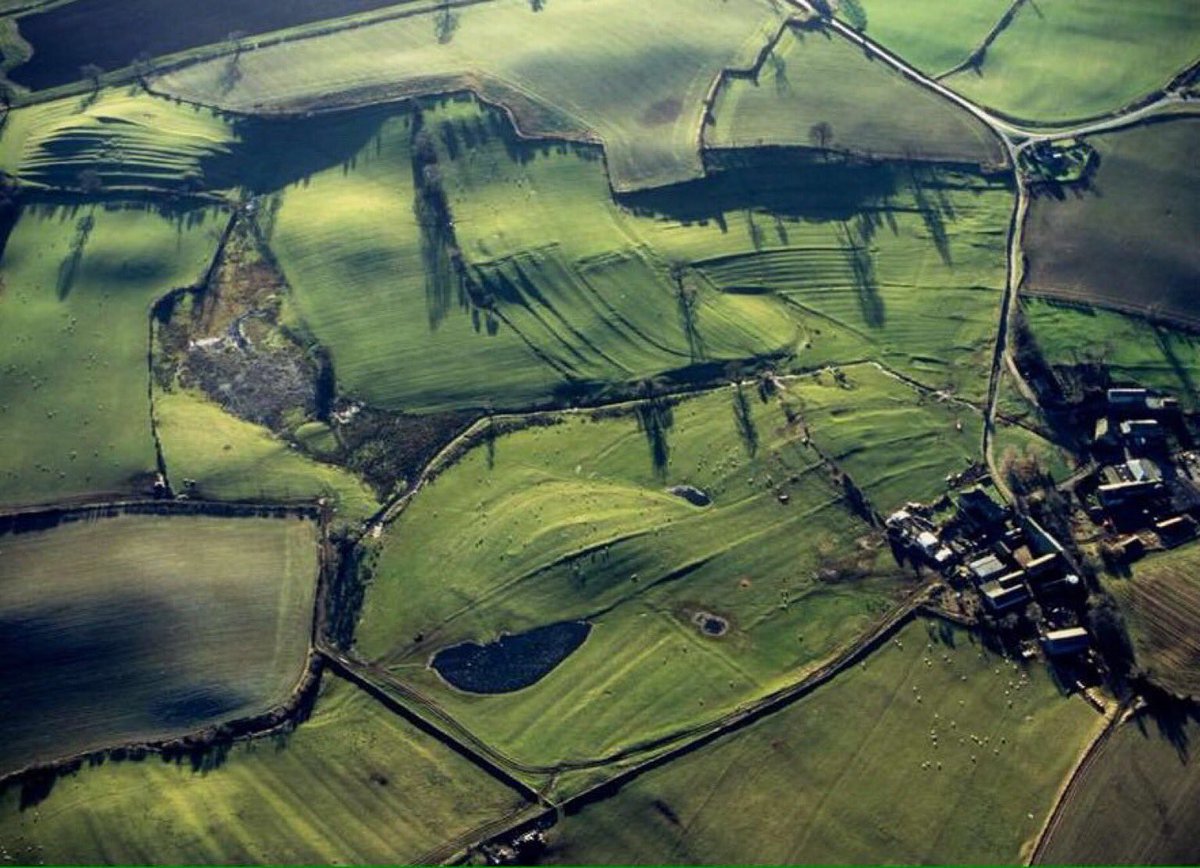 DrSueOosthuizen's tweet photo. #Intheirfootsteps as low sunlight reveals the earthworks of #medieval terracing (lynchets) on hill slopes at Low Ellington, N Yorks, recording the labour of generations of ploughmen &amp; their oxen (photo: Historic England) https://t.co/7JDzXSQuOG