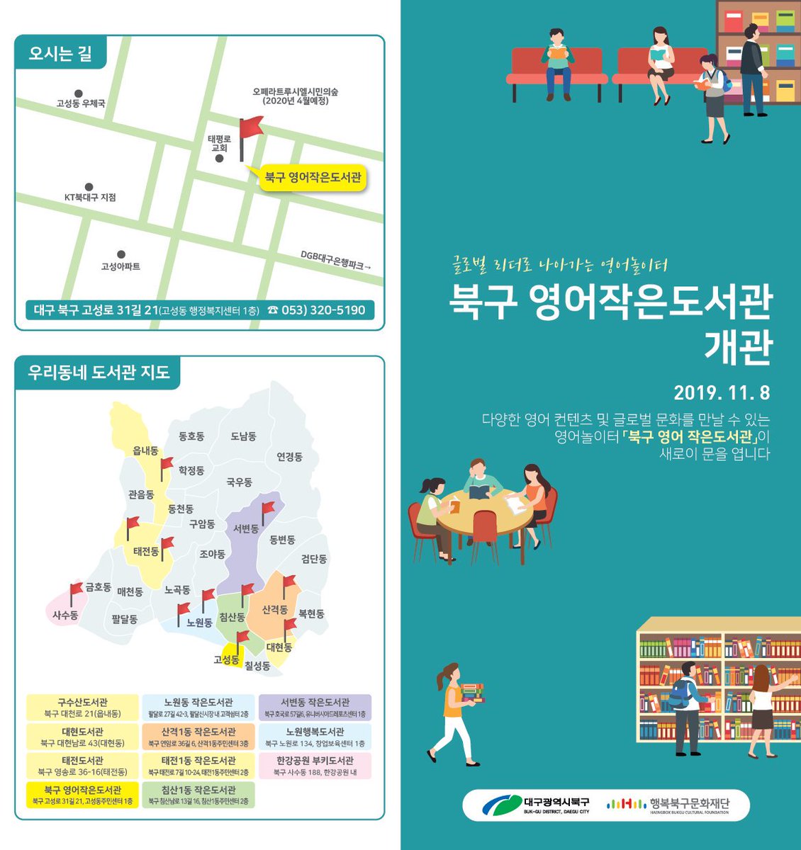 bestbukgu's tweet photo. #북구 #영어작은도서관 #개관
○ 북구 영어작은도서관 개관행사
-일 시 : 2019. 11. 8.(금) 16:00
-장 소 : 고성동 행정복지센터 1층
-내 용 : 개관식, 대구시립예술단 축하공연
○ 도서관 현황
-위 치 : 고성동 행정복지센터 1층
-장 서 수 : 영어도서 3,400권
-대출권수 : 1인 10권, 15일간 대출가능 https://t.co/qemuHUp96r