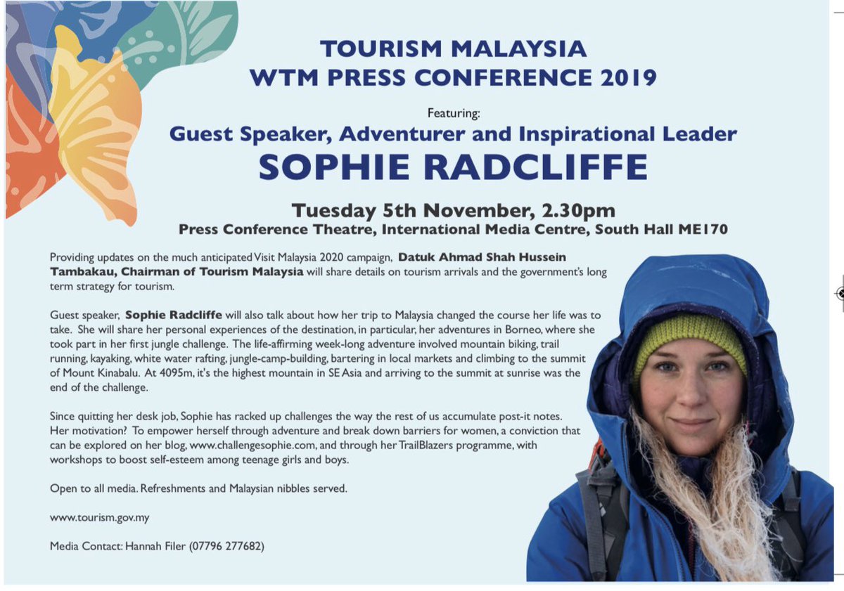 HospitalityCopy's tweet photo. Join the @TourismMalaysia #pressconference at #WTM2019 #WTMLondon #wtmldn today at 2.30pm and hear adventurer @challengesophie talk about how a trip to #sabah changed her life course #vm2020 #visitmalaysia2020 https://t.co/7KWrPo5Lnk