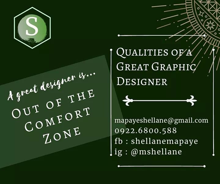 MapayeShellane's tweet image. Out of the Comfort Zone. Hmnn...As a designer, you should be anywhere. Meaning you don't hide in your comfort zone. Designers need to create new ideas, explore and communicate. Take advantage of the new tricks and tips. Fear not to explore new things and ideas.
#shellane
