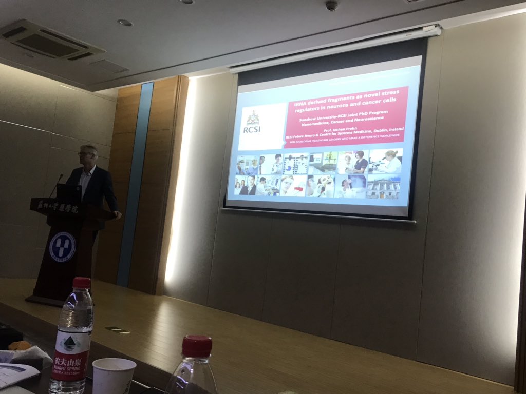 fjobrien's tweet image. Wonderful day of science from @RCSI_Irl &amp;amp; #Soochow  based researchers. Final RCSI speaker of the day is @ProfJochen talking about #transferRNA fragments as therapeutics in neural disorders and cancer. Tomorrow we’ll focus on developing joint PhD projects between both sites