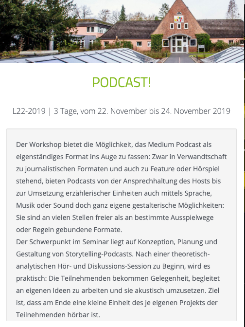 Vom 22. bis 24.11 bieten <a href="/be_txt/">Bettina Conradi</a> und ich im <a href="/Nordkolleg/">Nordkolleg</a> #Rendsburg einen #Podcast #Workshop an. Es sind noch zwei Plätze frei!

Wer Interesse hat: Hier gibt's Infos und die Möglichkeit sich anzumelden ⬇️
nordkolleg.de/seminare/detai…