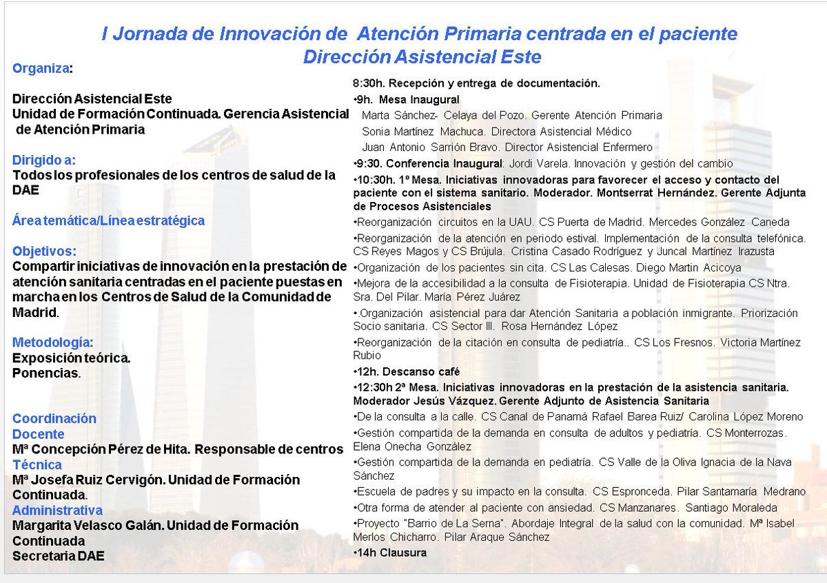 PilarMestreOr's tweet photo. 📢Hoy en el #CSCanaldePanamá, I Jornada de Innovación de AP Centrada en el Paciente de la #DAEste de #AtencionPrimariaCMadrid
💡💡Para compartir experiencias en la asistencia sanitaria dirigidas al paciente de los centros de salud @ComunidadMadrid
@martascelaya @jasarrionbr https://t.co/MHahbraljQ