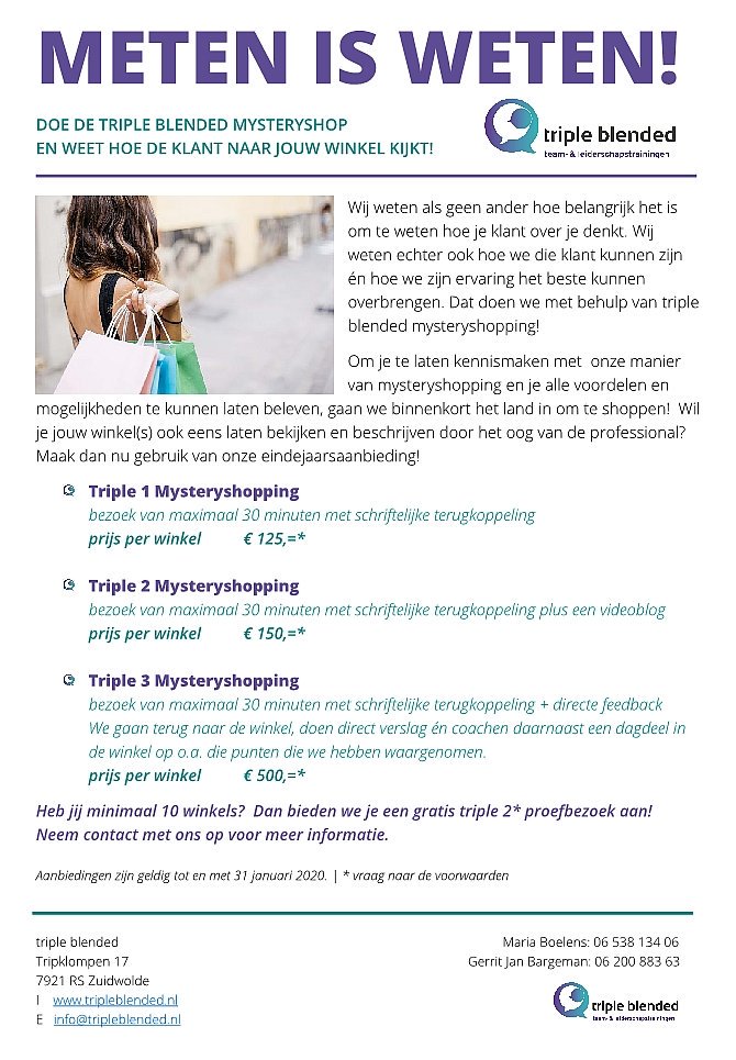 Wij weten als geen ander hoe belangrijk het is om te weten hoe je klant over je denkt. Wij weten echter ook hoe we die klant kunnen zijn én hoe we zijn ervaring het beste kunnen overbrengen. Dat doen we met behulp van triple blended mysteryshopping! tripleblended.nl/nieuws/meten-i…
