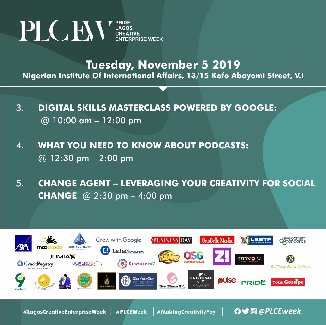 LCEWeek's tweet photo. Here's the line up of events taking place at today's #LagosCreativeEnterpriseWeek:
.
We begin with a digital skills masterclass powered by @DigitalSkillsAF. The first 150 attendees get free access to Wi-Fi by @9Mobileng.

#MakingCreativityPay
#PLCEWeek
#DigitalMarketing https://t.co/la2TIzfHcB