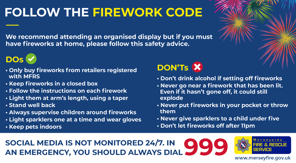 MerseyFire's tweet image. The safest way to enjoy #BonfireNight is to attend an organised display. But if you must have fireworks at home, please follow the #FireworkCode.

And remember to...

✅Take your wheelie bins in
🐱Keep pets indoors

#MerseyBonfire2019