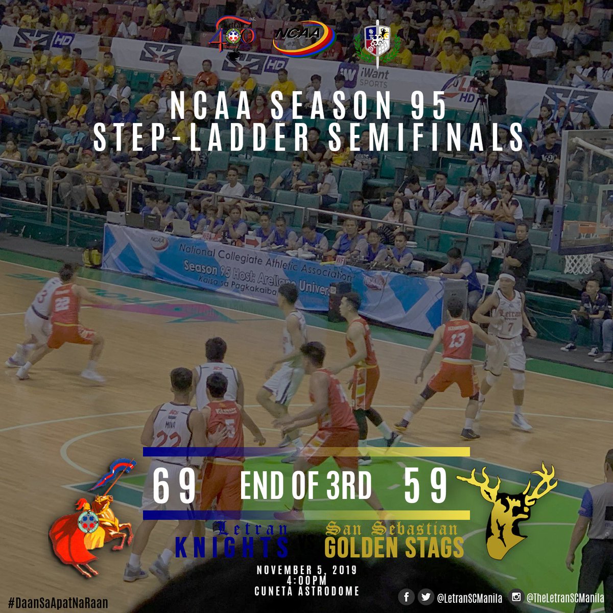 LetranSCManila's tweet photo. END OF 3RD!
The Letran Knights maintains the lead, 69-59 at the end of the 3rd Quarter.
#NCAASeason95
#LSCNow
#DaanSaApatNaRaan https://t.co/uuZwuclD0W