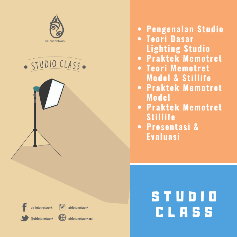 Nah selain Basic Class, AFN juga punya Studio Class.
So... buat kalian yang mau belajar lebih dalem lagi soal Studio Foto itu gimana sih, nah kalian bisa banget Fots ikutan kelasnya.
Jadwalnya fleksibel bangetttt
Klik deh ini bit.ly/2PPLKLF buat info lanjutannya