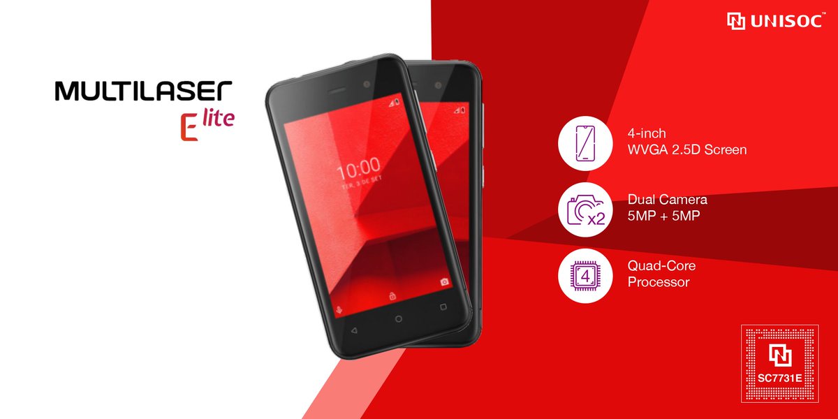 UNISOCTech's tweet photo. Powered by #UNISOC's #SC7731E platform, the Multilaser E Lite comes with a 4-inch screen, 5MP + 5MP dual cameras, and a 1,500 mAh battery, running on Android 8.1 (Go Edition). https://t.co/QiVADHHwhE