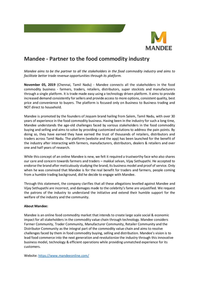 MandeeOnline's tweet photo. Our statement clarifying the business model, benefits to the industry, and makkal selvan Vijay Sethupathi’s association with Mandee as its brand ambassador. https://t.co/91qNnmMIJb