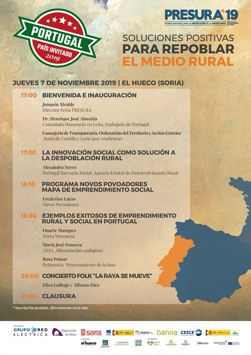 Ya tenemos #Presura19 en el horizonte. Para hacer boca el jueves celebramos un encuentro hispano-portugués con soluciones positivas para repoblar el medio #rural. ¡Descubre en directo lo que se hace en Portugal en #repoblación e #InnovaciónSocial! <a href="/PtInovSocial/">Portugal Inovação Social</a> <a href="/novospovoadores/">Novos Povoadores®</a>