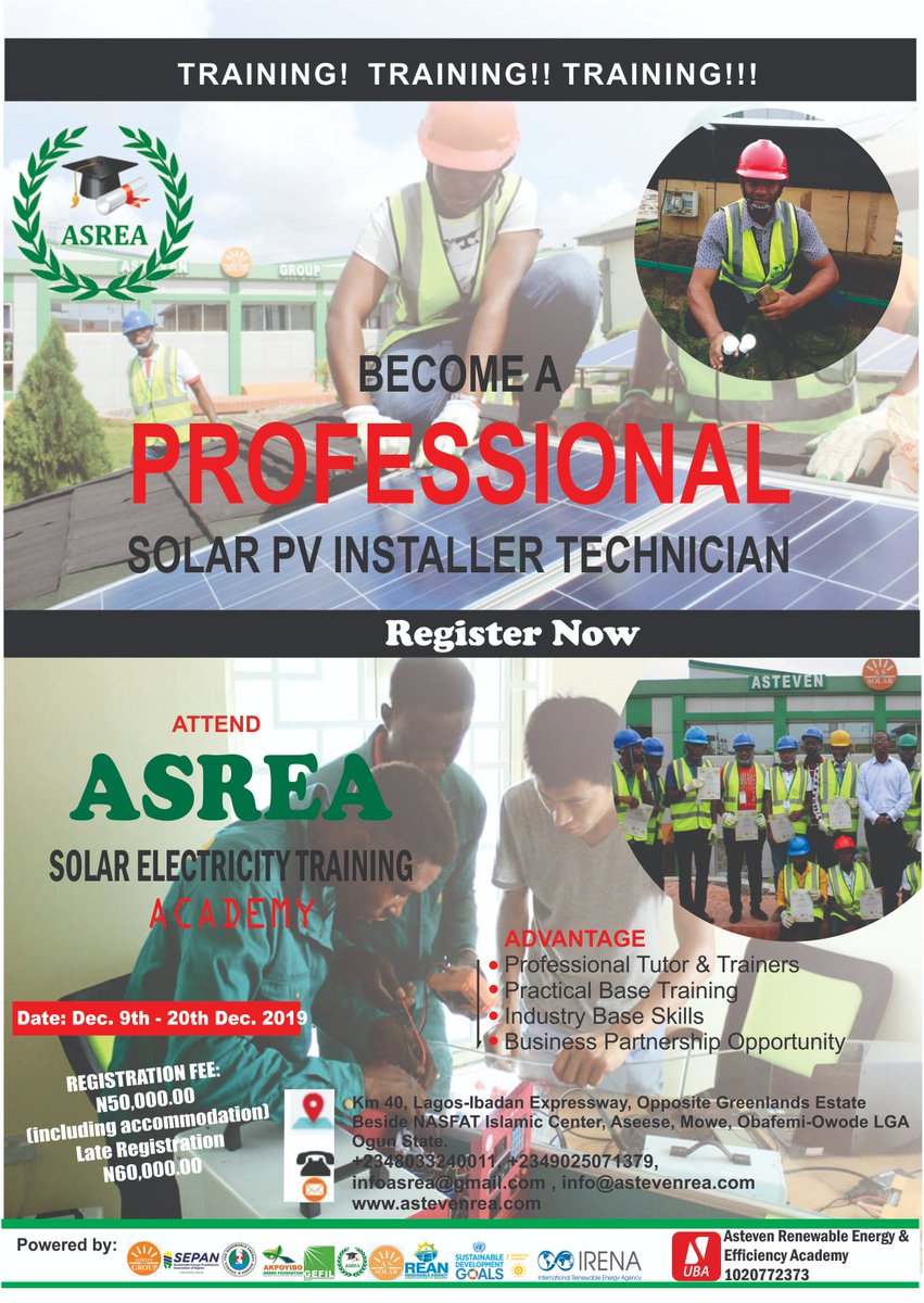 astevengroup's tweet photo. Get Trained on SOLAR PV Design and Installation coming up on December 9th – December 20th, 2019 Register now! https://t.co/kEPzllnutU . #training #astevengroup #asrea #sdg7 #solarinstallation #solarentrepreneur #cleanenergyfuture #cren #rean #irena #international #solarpv https://t.co/7EbP4venr5