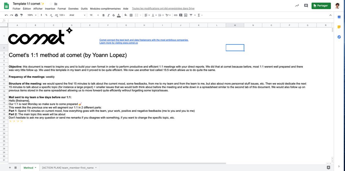charles_tms's tweet photo. 🔮Transparence

On a décidé de vous partager la méthode de 1:1 que nous avons utilisé de 0 à 50 employés chez @comet_freelance 

📝Spreadsheet de tracking + follow up
💌L'email de préparation
👩‍💻Déroulé du meeting

🙋‍♀️Intéressé·e? likez ce tweet, @ThisIsYoann vous enverra ça en DM. https://t.co/KpiL1HpnJ4