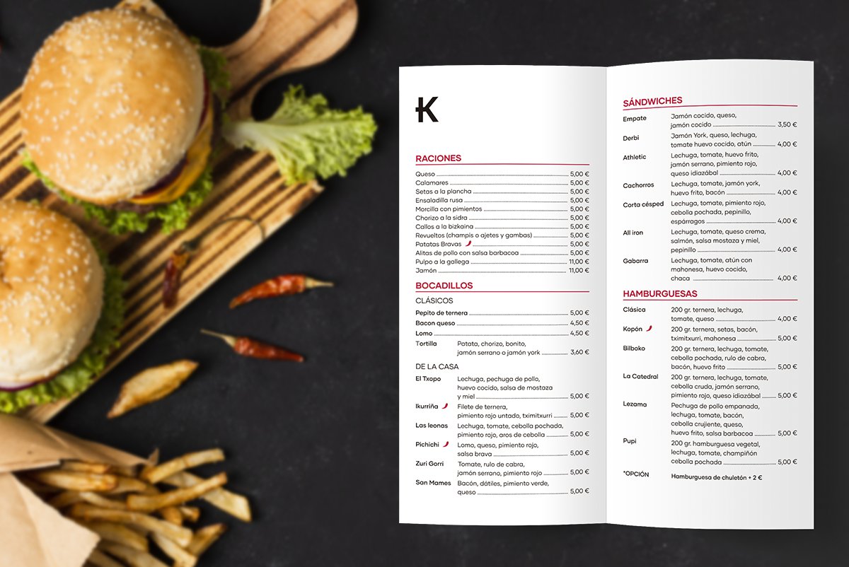 newmirrorstudio's tweet photo. Diseño de carta para el restaurante El Kopón de Pozas, con unos nombres muy de aquí.
Bocadillo Pichichi, Las leonas... Sándwich Athletic, Cachorros... Hamburguesa Kopón, La Catedral...
Aupa la buena comida!

#elkopondepozas #diseñomenu  #imagencorporativa  #diseñografico #Bilbao https://t.co/0KoDUm1pR2