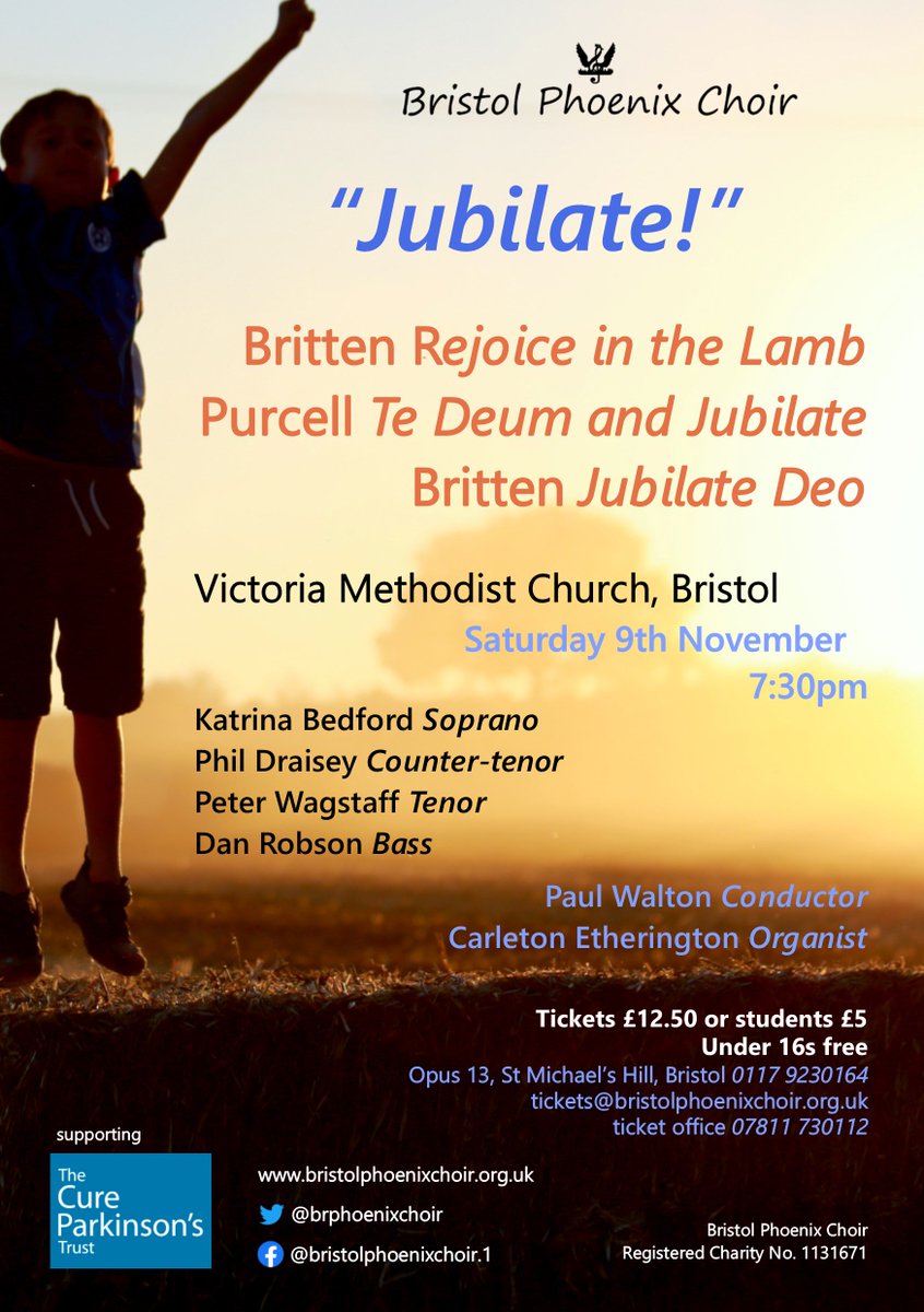 This Saturday! Weird and wonderful = Rejoice in the Lamb. Bright and bouncy = Jubilate Deo.  Subtle yet soaring = Te Deum. Beautifully brilliant = our soloists. So make sure you are at Victoria Methodist Church at 7.30 to enjoy all this and more! Tickets £12.50 at the door.