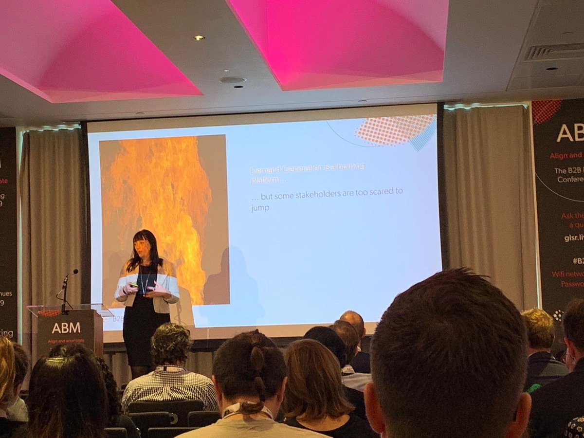 GilroyB2B's tweet photo. Here at The #B2BMarketing Conference 2019 ABM: Align and accelerate, @MaryAnneMkting says "Demand generation is a burning platform but some stakeholders are too scared to jump." #b2bmarketing19 #abm https://t.co/aaJxoJUsmH