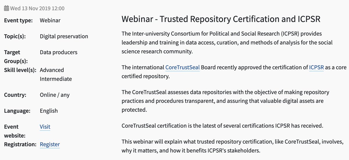 CESSDA_Data's tweet image. Are you interested in trusted repository certification like @CoreTrustSeal ? Attend our #CESSDATraining #Webinar with @ICPSR on Trusted Repository Certification next week on 13.11 at 12:00 CET &amp;amp; find out why it matters. cessda.eu/Training/Event…