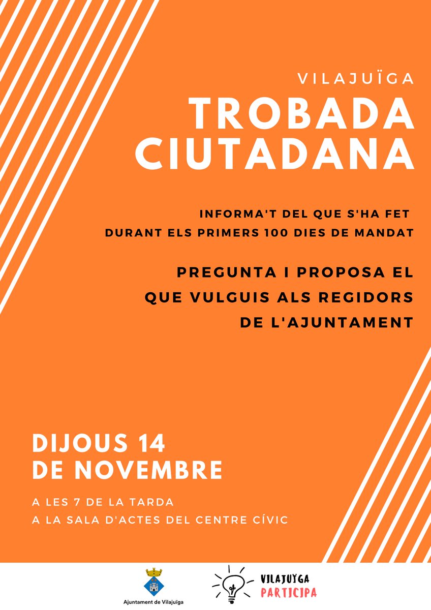 ❗️NOVA DATA: Participa en la Trobada Ciutadana!

📆Dijous, 14 de novembre
⌚️A les 7 de la tarda
📍A la Sala d'Actes del Centre Cívic

👉Informa't del que s'ha fet en els primers 100 dies de mandat
👉Pregunta i proposa el que vulguis als regidors de l'Ajuntament