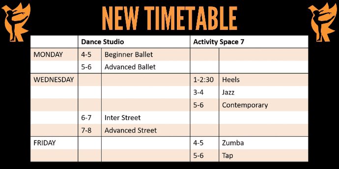 We’ve had to make a few slight changes so double check when your classes are on and where! New timetable starts NOW 🧡🖤🧡