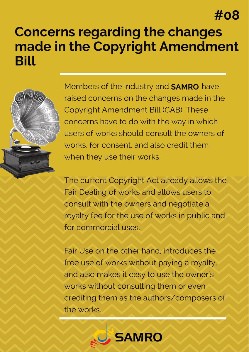 SAMROMusic's tweet photo. So what are the concerns regarding the changes made in the Copyright Amendment Bill? 

#CopyrightAmendmentBill 
#ItStartsWithANote https://t.co/iAgeKtcv4K