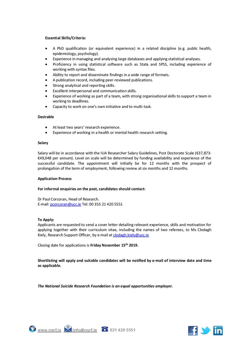 CareersUCC's tweet photo. Applications are invited for the post of Postdoctoral Researcher at the National Suicide Research Foundation ( @NSRFIreland )

Closing date for applications is Friday, November 15th.

Learn more: https://t.co/LLpVGsIHRY

@UCCResearch #connectwithyourcareer #GetHired https://t.co/ksHDyKu4a0