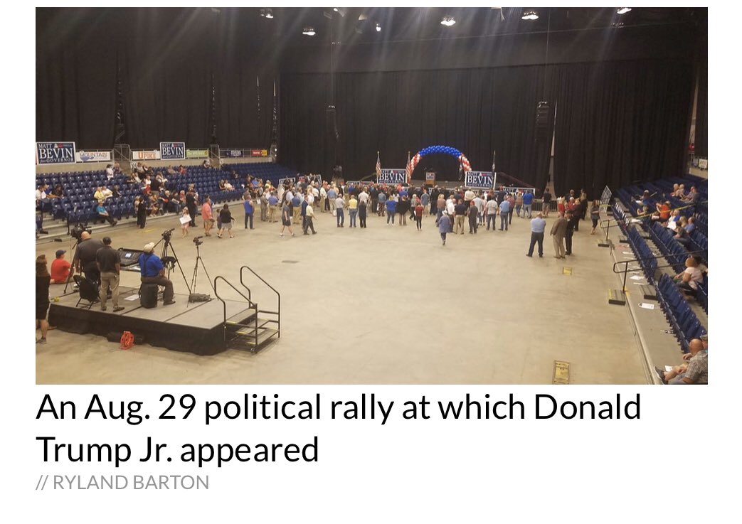 GrassrootsSpeak's tweet photo. It’s almost as if they had to PAY people to come &amp; gave them tshirts to wear to avoid an embarrassment like when no one turned out for Don Trump Jr a few months back in Lexington Kentucky😂

Doesn’t look like the Trumps are pulling the crowds in Kentucky🤣😂🤣

#BooHooTrump https://t.co/AyoTaupCLB