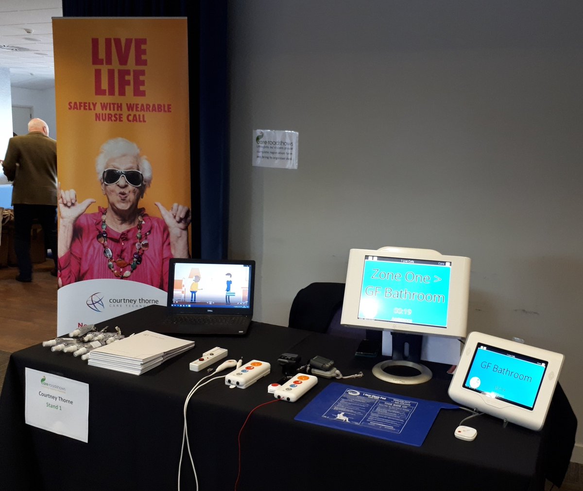 Robert Barnes all set up at The Care Roadshows event in Cardiff today. Come and visit him for a demo of Altra and our latest innovations. For more information on any of our products visit:
nursecallsystems.co.uk 

#nursecall #nurse #nhs  #allylabs #careshow #carehome #cardiff