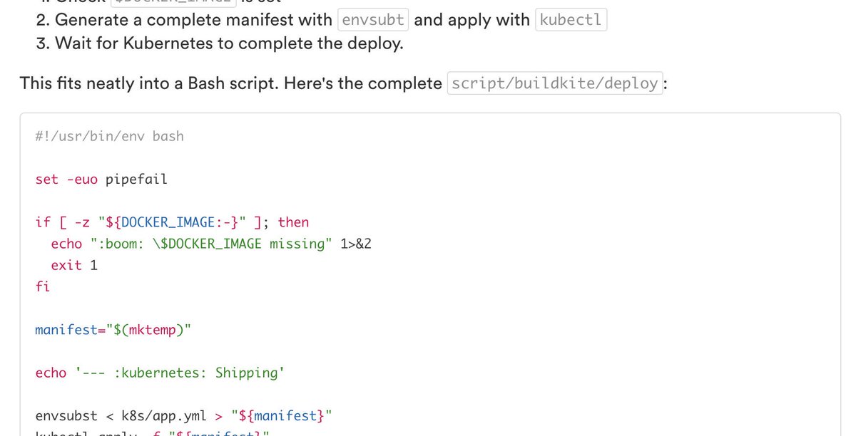 Screenshot of a section of the Buildkite guide to Deploying to Kubernetes